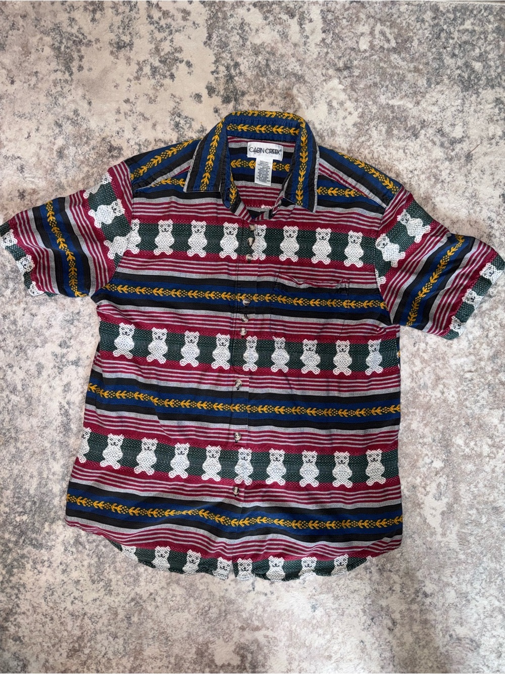 Cabin Creek M Teddy Striped Bear Short Sleeve Button-Up Shirt Multicolor Cotton